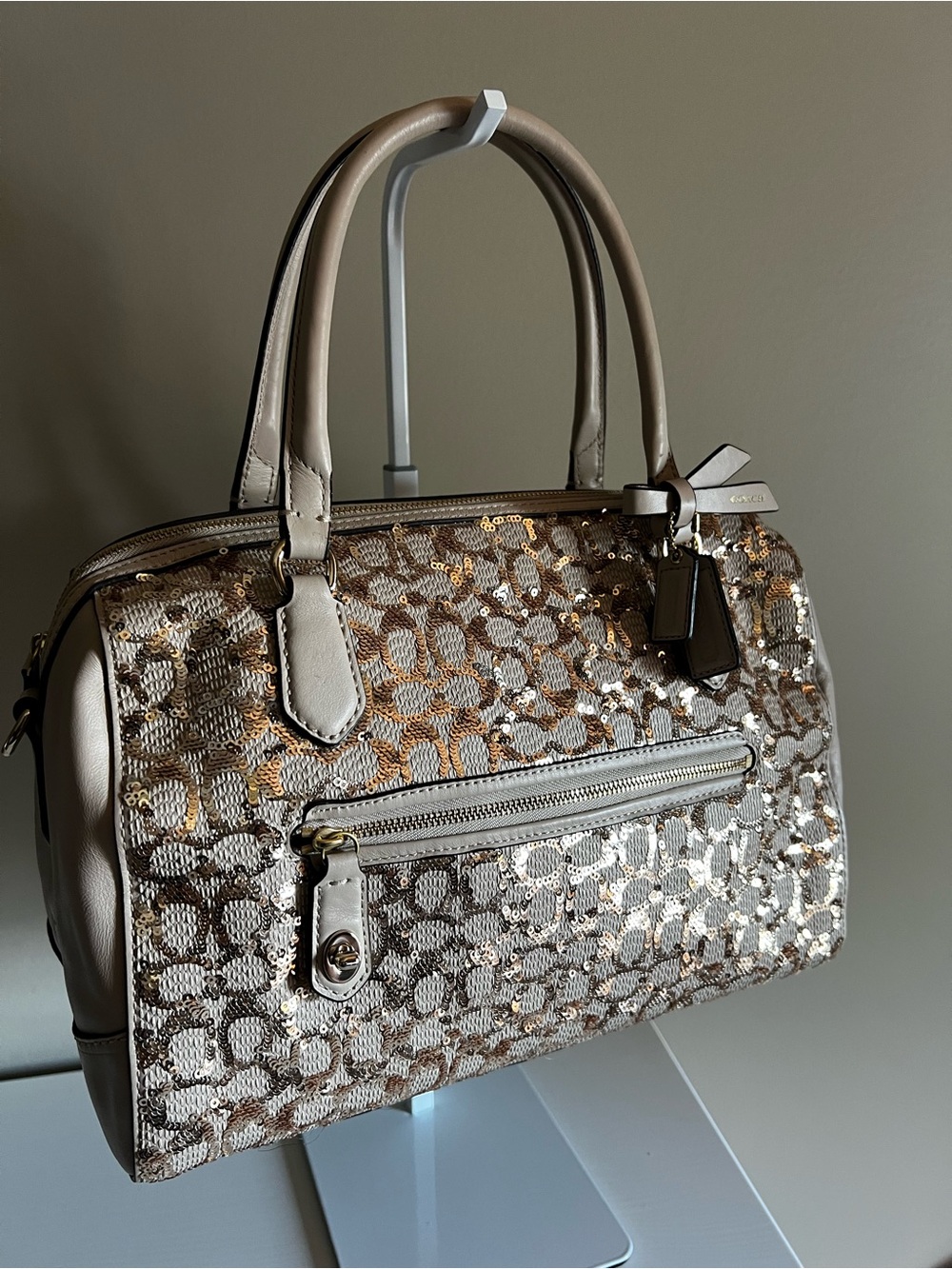 Coach Champagne Leather Gold Sequin Poppy Signature Satchel - 2013